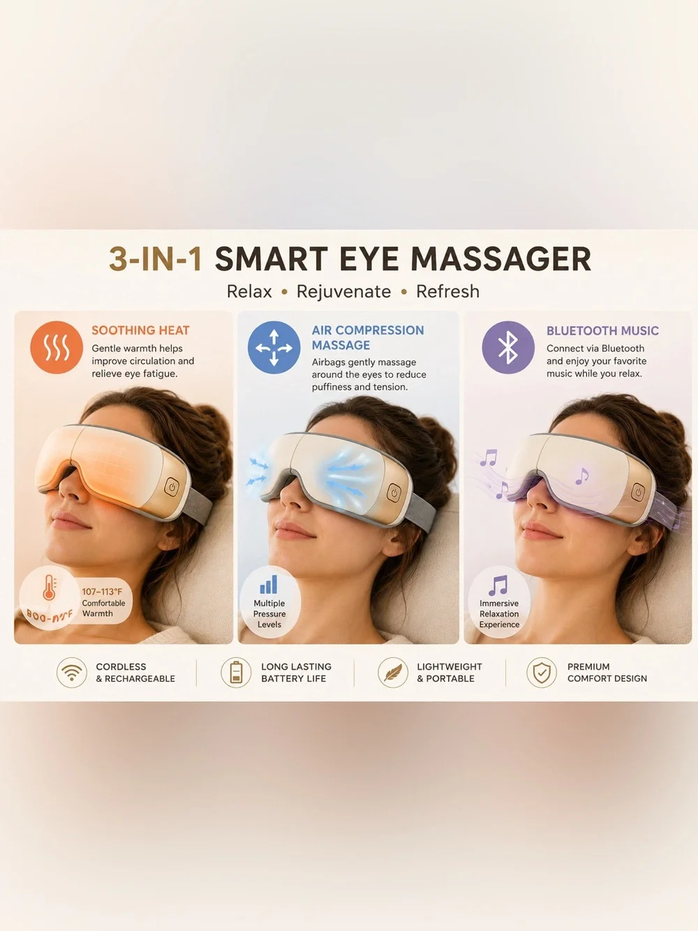 Smart Eye Massager with Heat, Air Compression & Bluetooth Music | New in Box